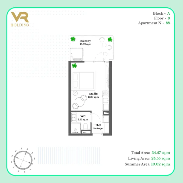 Планировка Студия, ЖК VR Krtsanisi Resort Residence